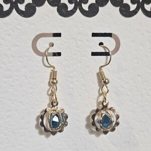Handmade Peacock Blue Crystal Gold Tone Caged Dangle Drop Earrings